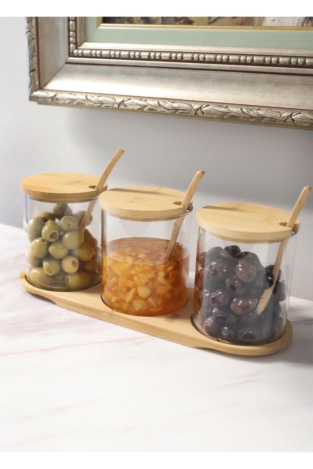 Bambu Kapaklı Borosilikat Cam Reçellik 3lü set