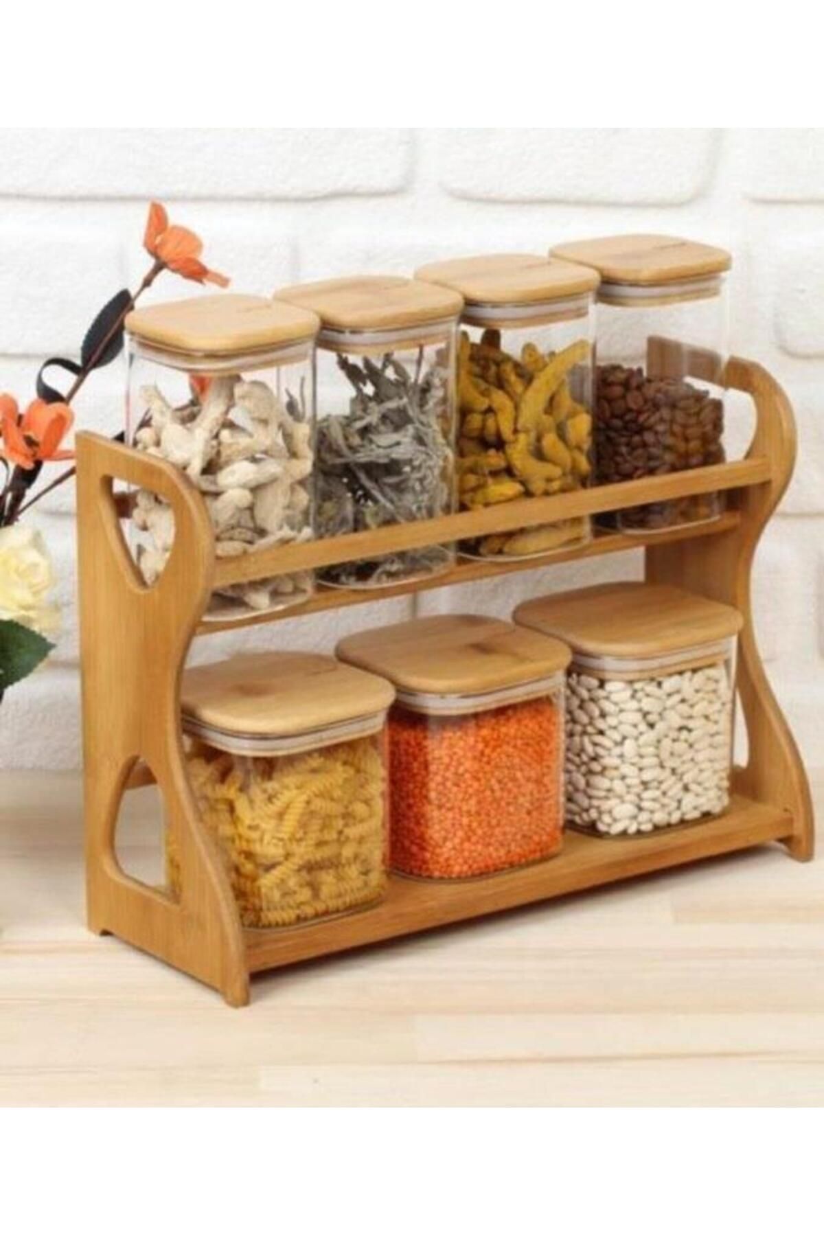 Arow 7 Parça Baharat Takımı Cam Bambu Kapaklı Kare