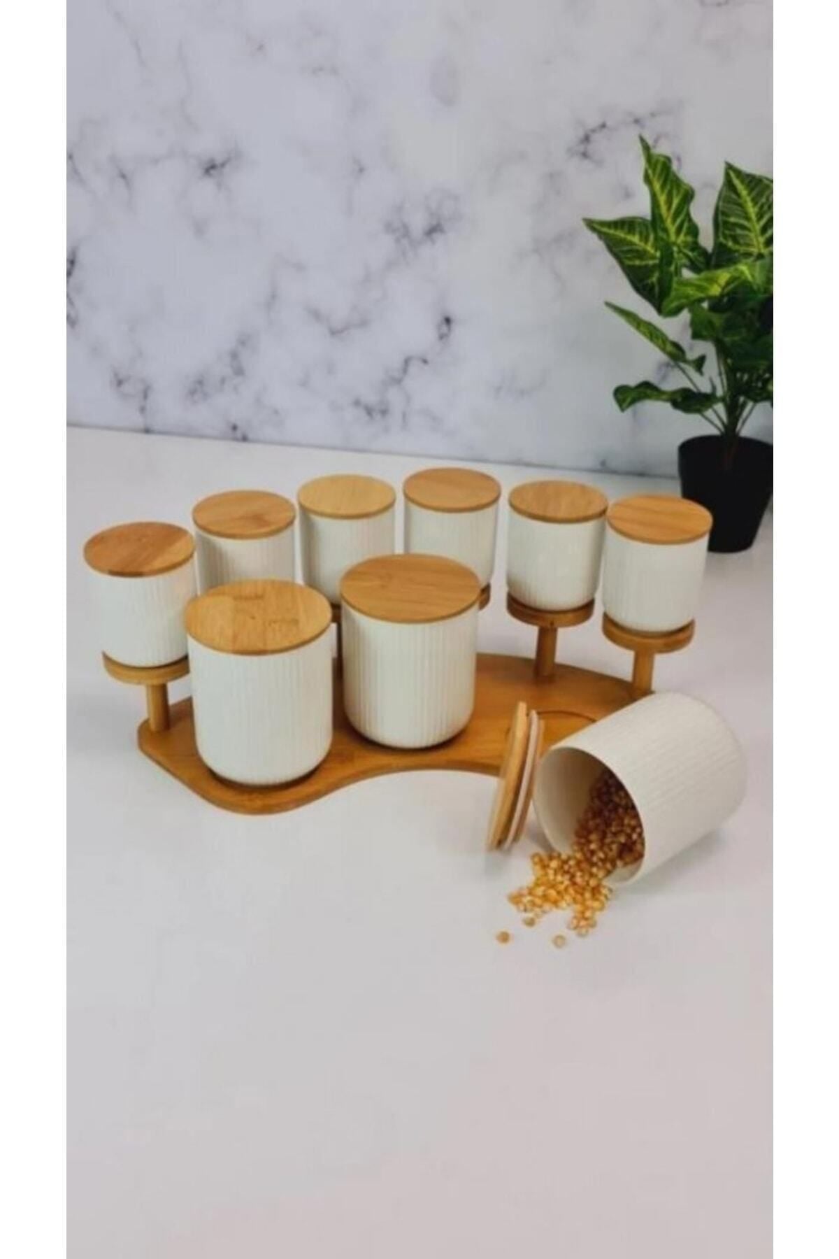 Arow Bambu Stantlı Porselen Baharat Takımı 9 Parça