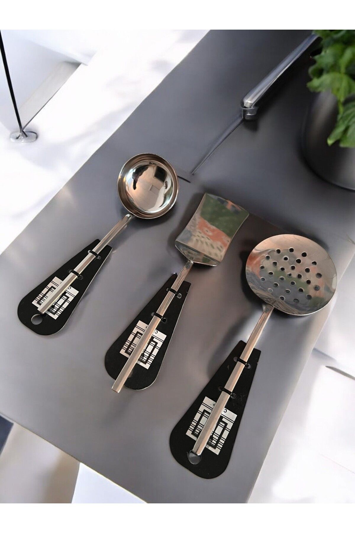 Paslanmaz Çelik 3 Lü Sos  Spatula Kepçe Kevgir Seti
