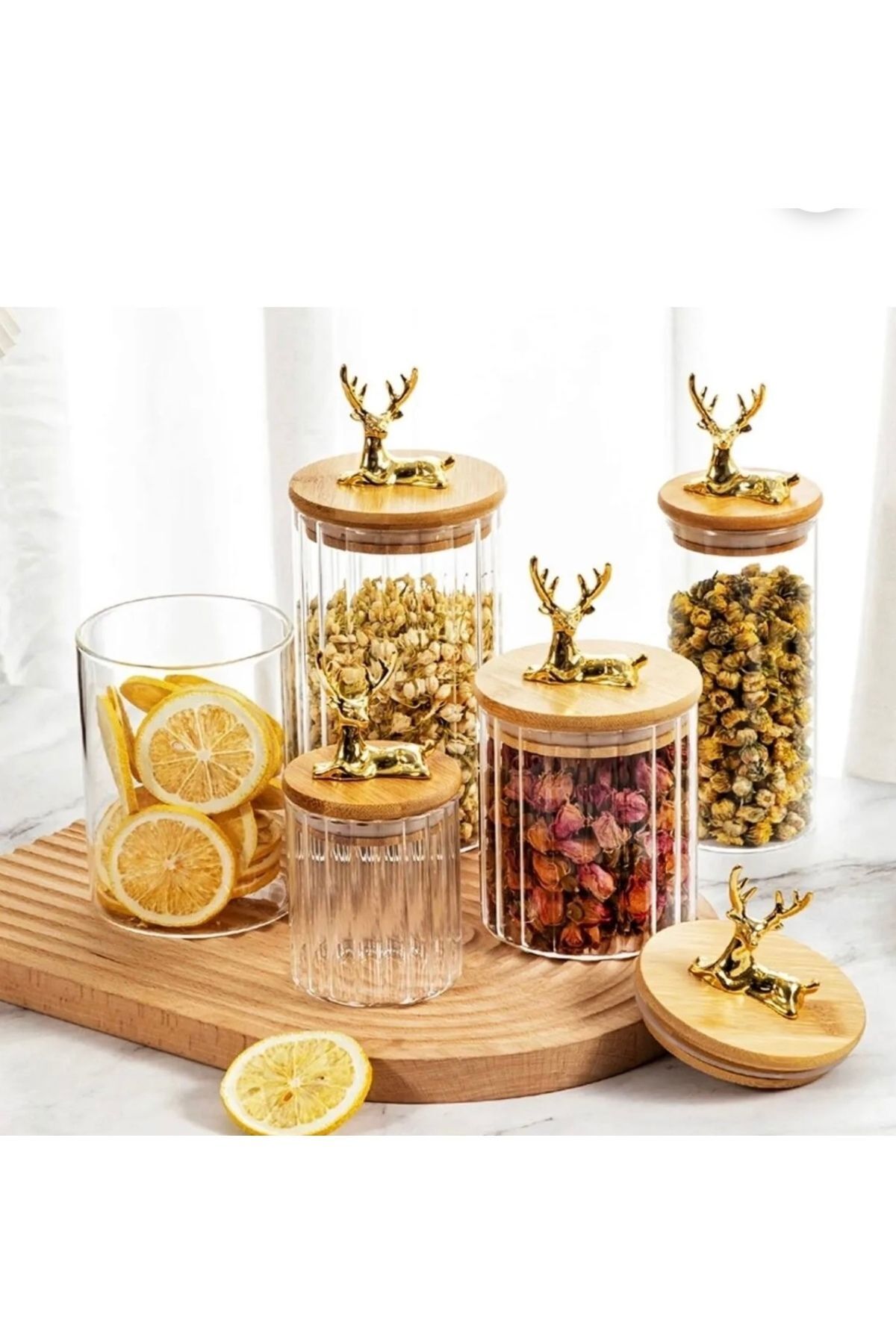 Bambu Kapaklı Geyikli Cam Kavanoz Seti 3 Lü Set