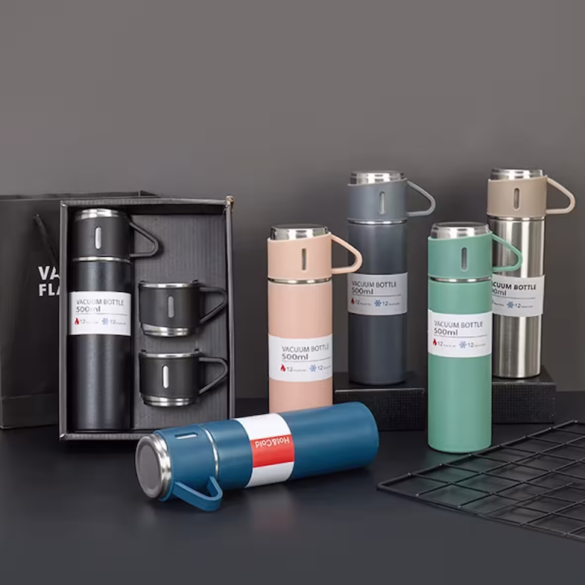 Vacuum Termos Paslanmaz Çelik 500 Ml Sıcak-Soğuk Termos Seti 3  Bardaklı