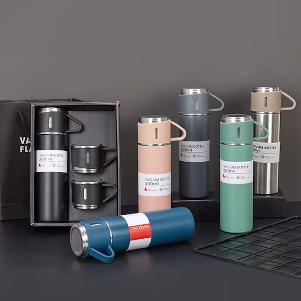 Vacuum Termos Paslanmaz Çelik 500 Ml Sıcak-Soğuk Termos Seti 3  Bardaklı