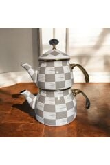 Mien Gri Damalı Dekor  Emaye  Çaydanlık Takımı