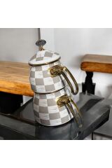 Mien Gri Damalı Dekor  Emaye  Çaydanlık Takımı