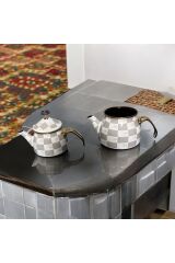 Mien Gri Damalı Dekor  Emaye  Çaydanlık Takımı