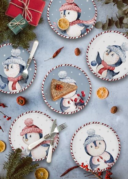 The Mia Yılbaşı Penguen Stoneware Porselen  6'lı Pasta Tabak 19cm
