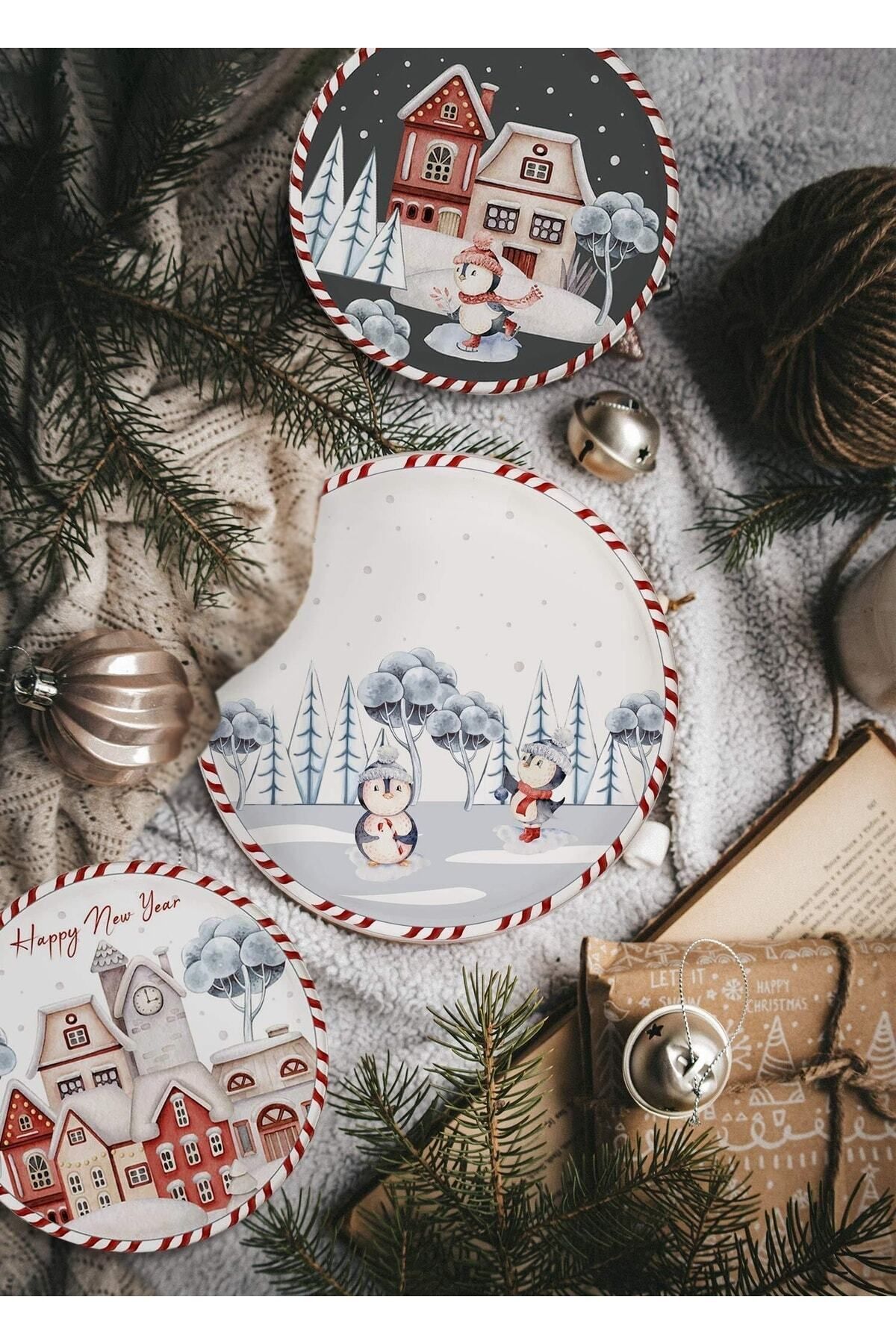 The Mia Yılbaşı Penguen Stoneware Porselen 6'lı Servis Tabağı 26cm