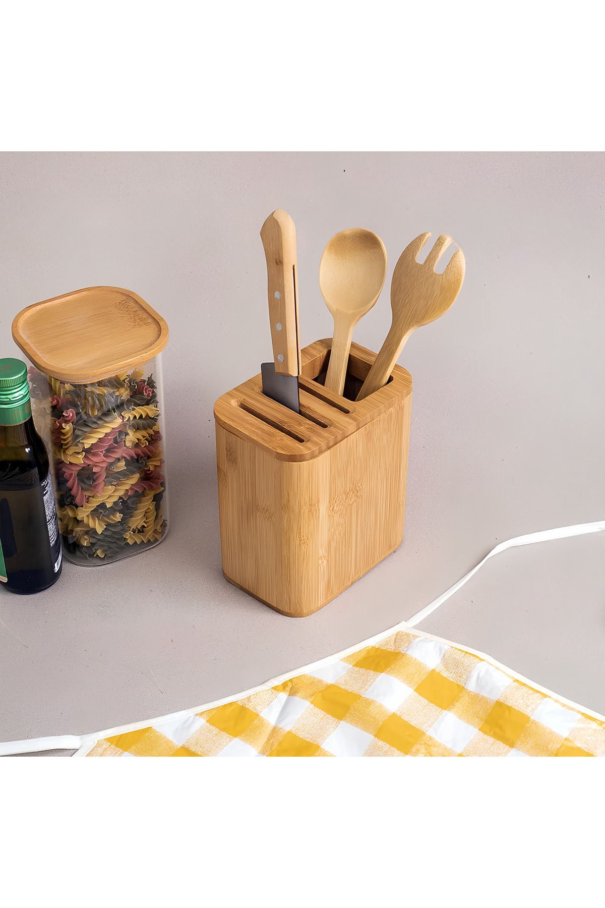 Mien Bambu Bıçak Standı ve Kaşıklık 2li Set Bir Arada