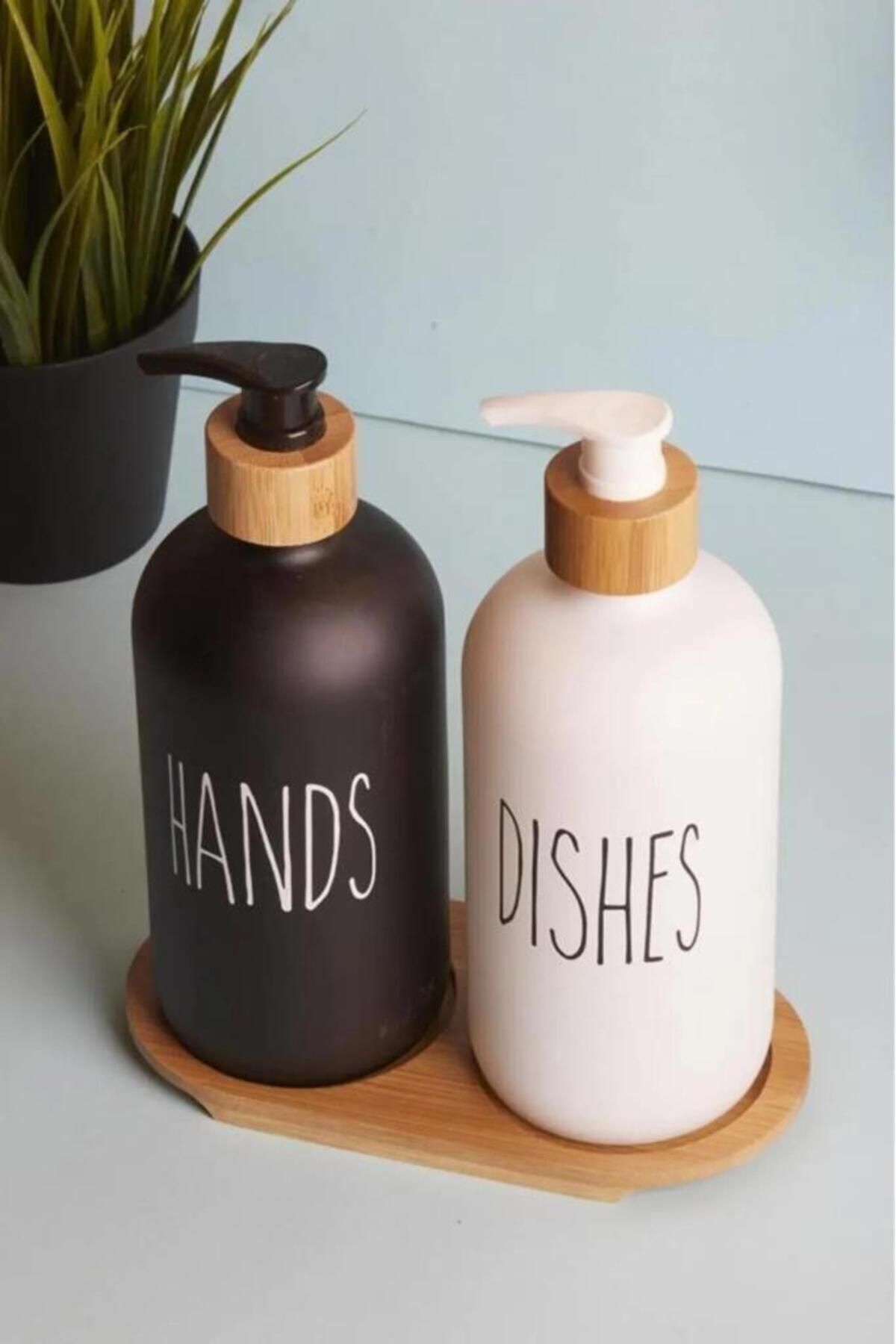 2’li Siyah Beyaz Mutfak Cam Sıvı Sabunluk Seti 500ml 500ml Bambu Standlı