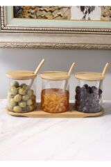 The Mia Bambu Kapaklı Borosilikat Cam Reçellik Düz 3'lü set