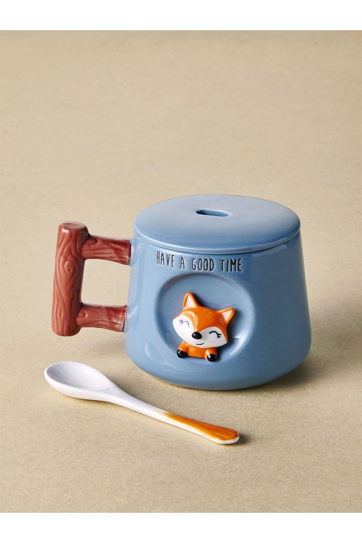 The Mia Hayvan Desenli Kapaklı ve Kaşıklı Seramik Kupa 370 ml