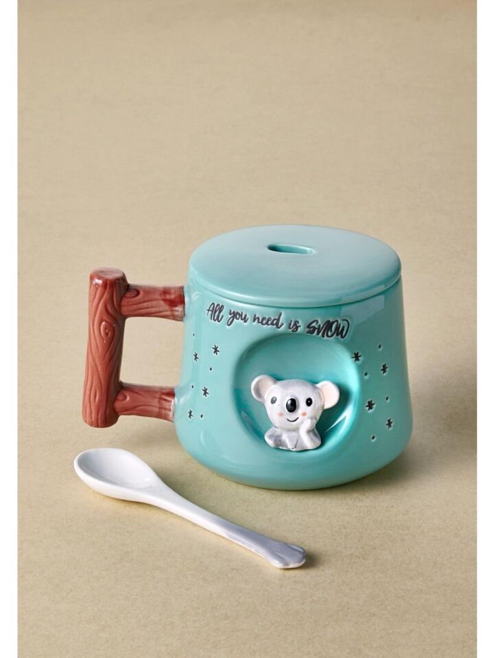 The Mia Hayvan Desenli Kapaklı ve Kaşıklı Seramik Kupa 370 ml