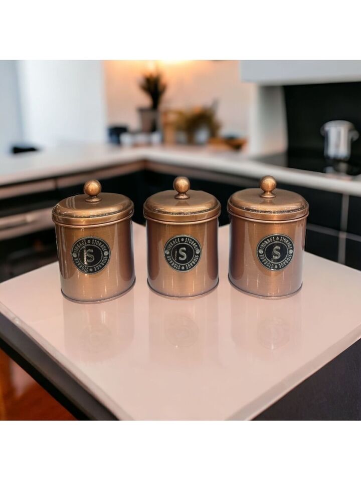 3 Lü Çay Şeker Kahve Kavanozu , Galvaniz 3 Lü Saklama Kabı, Galvaniz Baharatlık 3 Adet 12x10cm