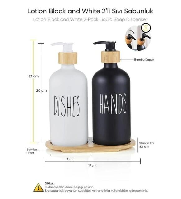 Mien 2’li Siyah Beyaz Mutfak Cam Sıvı Sabunluk Seti 500ml -500ml Bambu Standlı