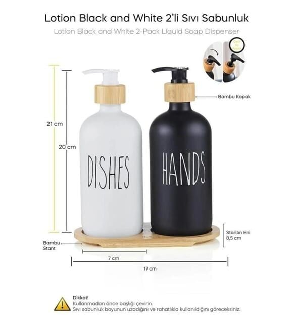 Mien 2’li Siyah Beyaz Mutfak Cam Sıvı Sabunluk Seti 500ml -500ml Bambu Standlı