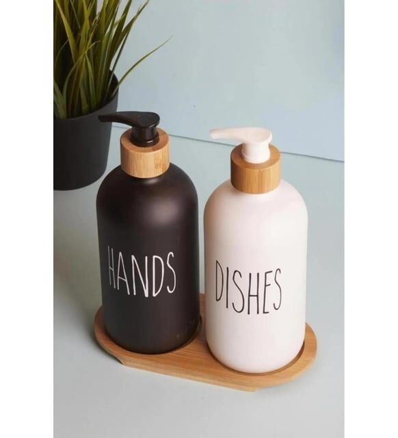 Mien 2’li Siyah Beyaz Mutfak Cam Sıvı Sabunluk Seti 500ml -500ml Bambu Standlı