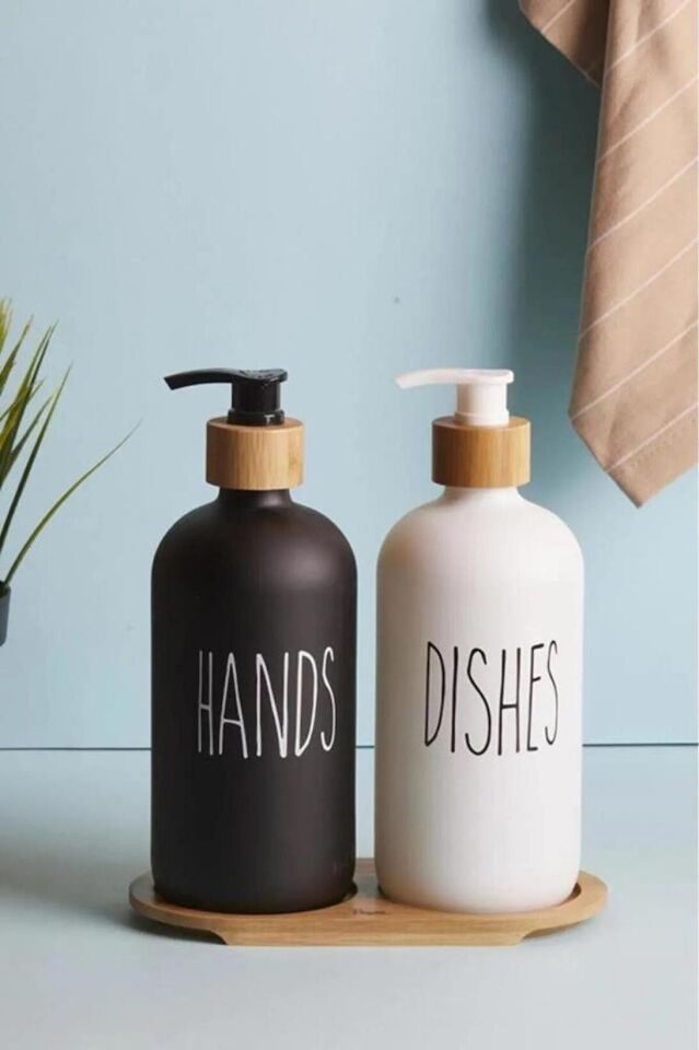 Mien 2’li Siyah Beyaz Mutfak Cam Sıvı Sabunluk Seti 500ml -500ml Bambu Standlı