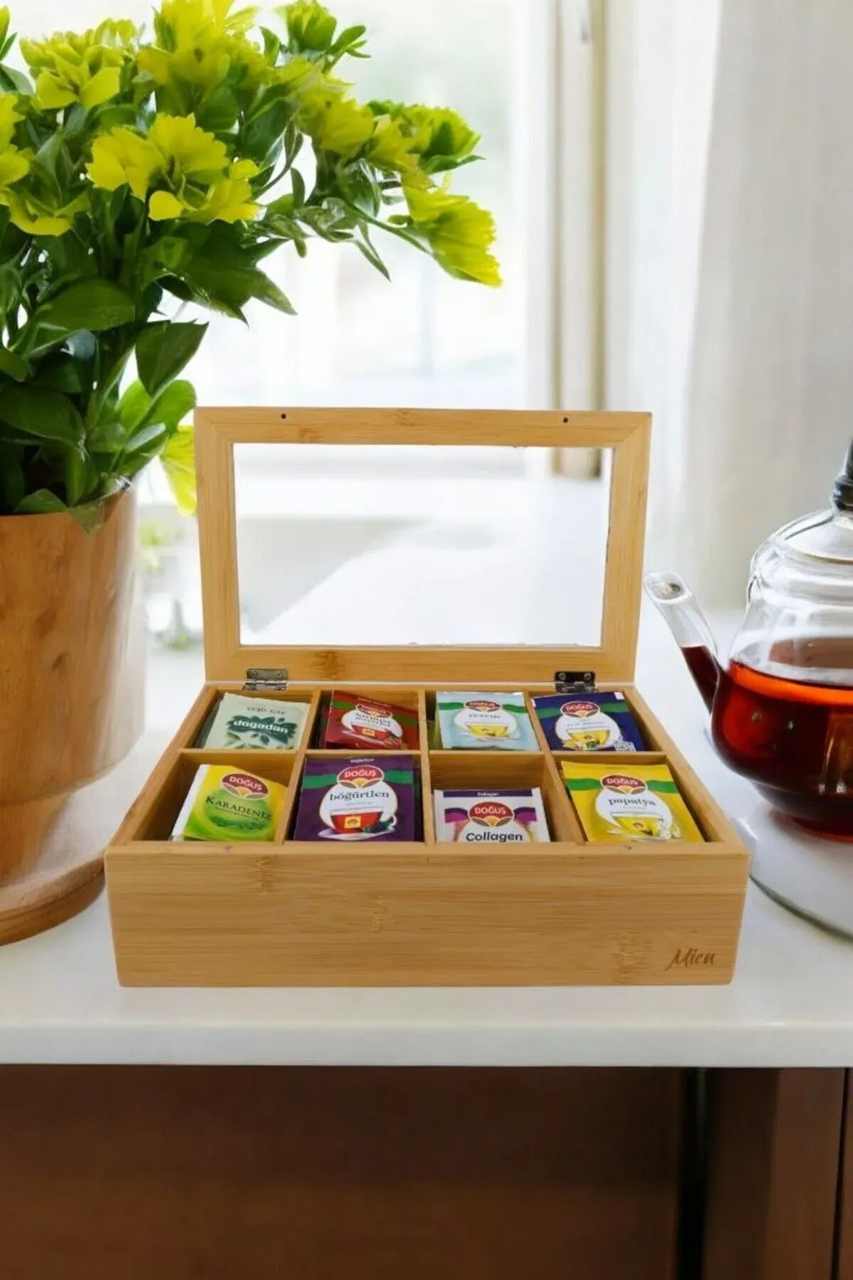 MİEN Bambu 8 Bölmeli Çay Kahve Bitki Çayı Saklama Kutusu