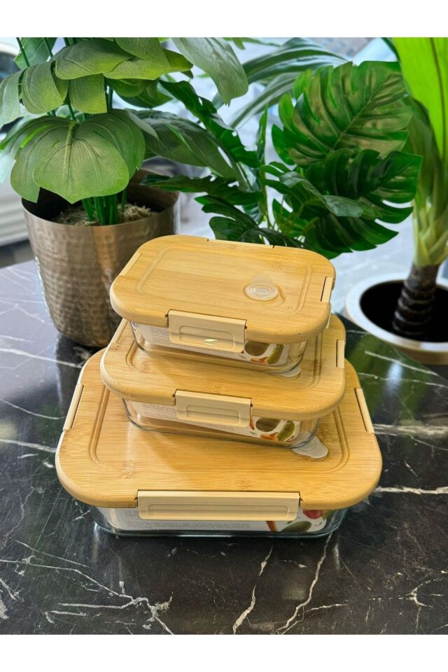 Arow Bambu Kapaklı Vakum Özellikli Borcam Saklama Kabı 4 lü Set