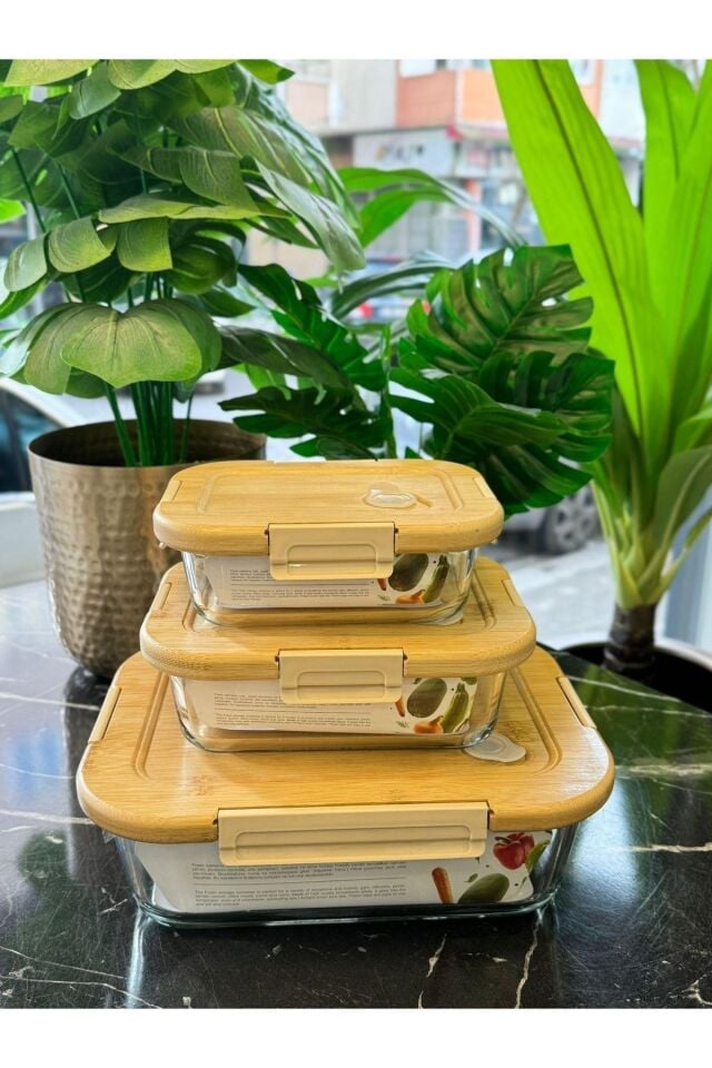 Arow Bambu Kapaklı Vakum Özellikli Borcam Saklama Kabı 4 lü Set