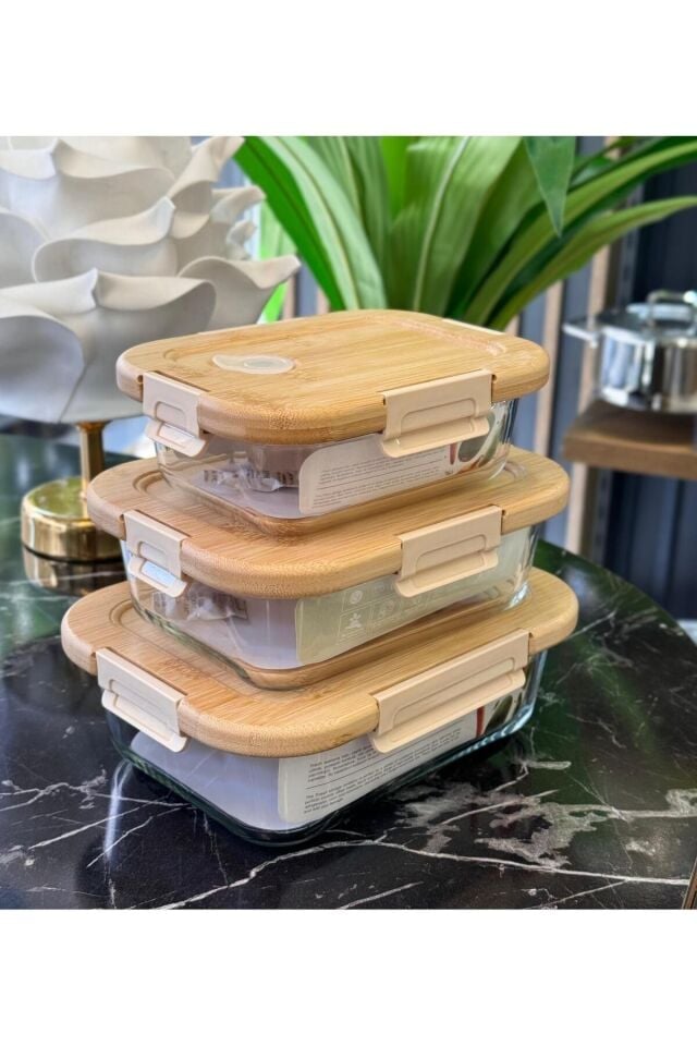 Arow Bambu Kapaklı Vakum Özellikli Borcam Saklama Kabı 4 lü Set