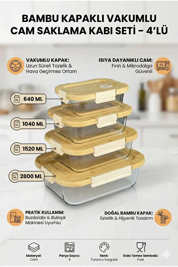 Arow Bambu Kapaklı Vakum Özellikli Borcam Saklama Kabı 4 lü Set