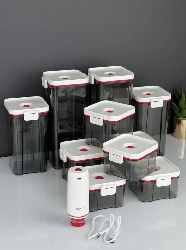 Arow 10 Parça Şarjlı Vakum Pompalı Akrilik Kavanoz Seti