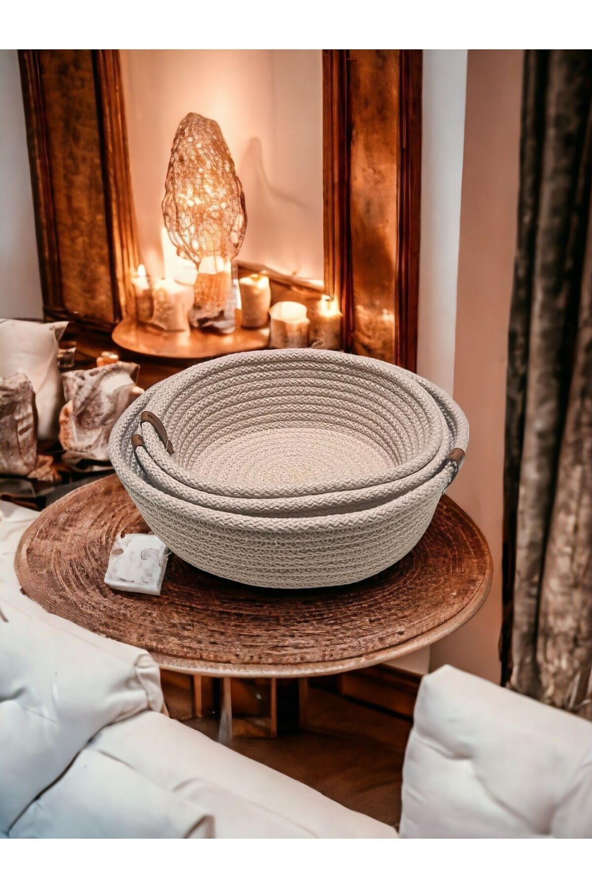 Dekoratif 3 lü Set Yuvarlak  Örgü Sepet