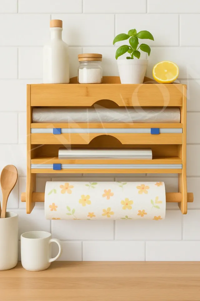 Mien 4 Raflı Bambu Streç, Folyo ve Rulo Peçetelik Kutusu