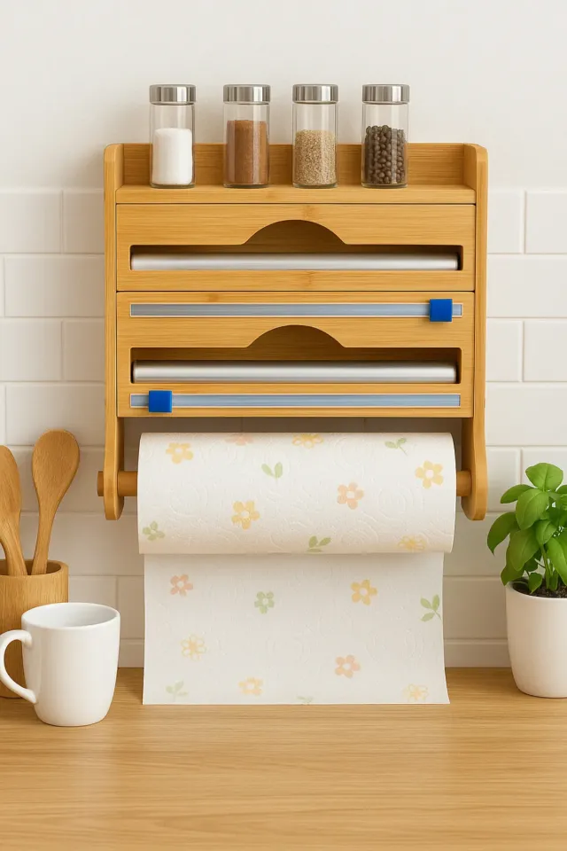 Mien 4 Raflı Bambu Streç, Folyo ve Rulo Peçetelik Kutusu