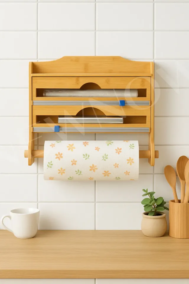 Mien 4 Raflı Bambu Streç, Folyo ve Rulo Peçetelik Kutusu