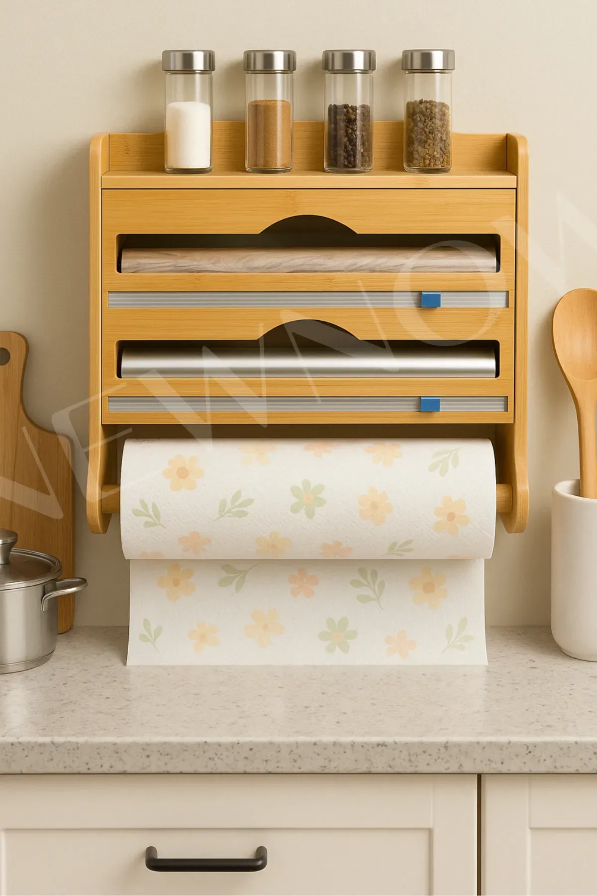 Mien 4 Raflı Bambu Streç, Folyo ve Rulo Peçetelik Kutusu