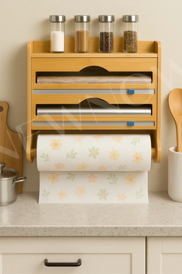 Mien 4 Raflı Bambu Streç, Folyo ve Rulo Peçetelik Kutusu