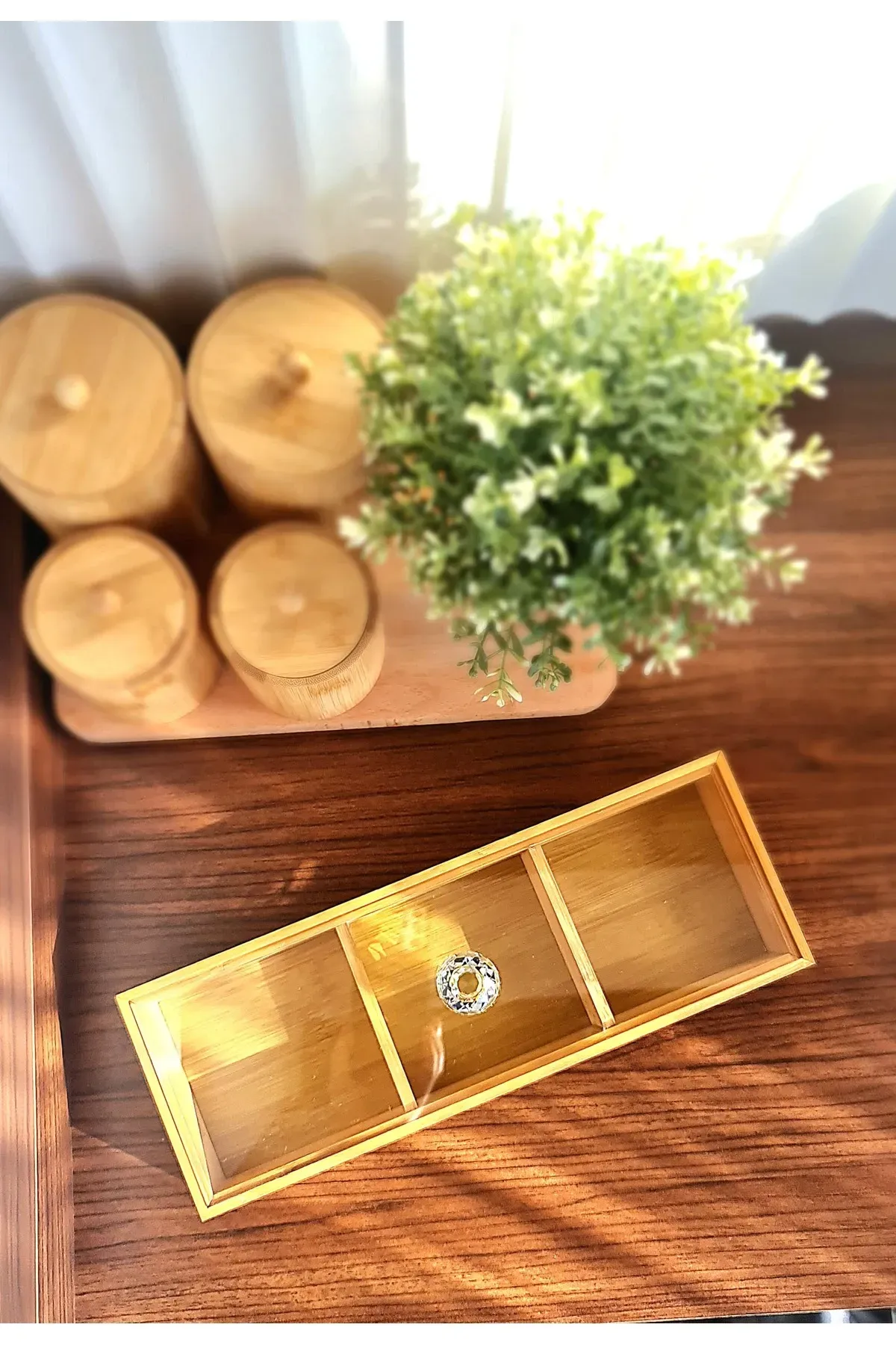 Mien Bambu 3 Bölmeli Kapaklı Dikdörtgen Makyaj&Takı Organizeri