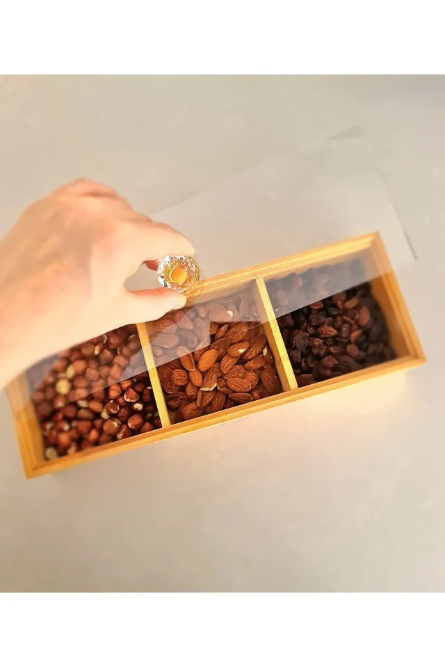 MİEN Bambu 3 Bölmeli Kapaklı Dikdörtgen Makyaj&Takı Organizeri