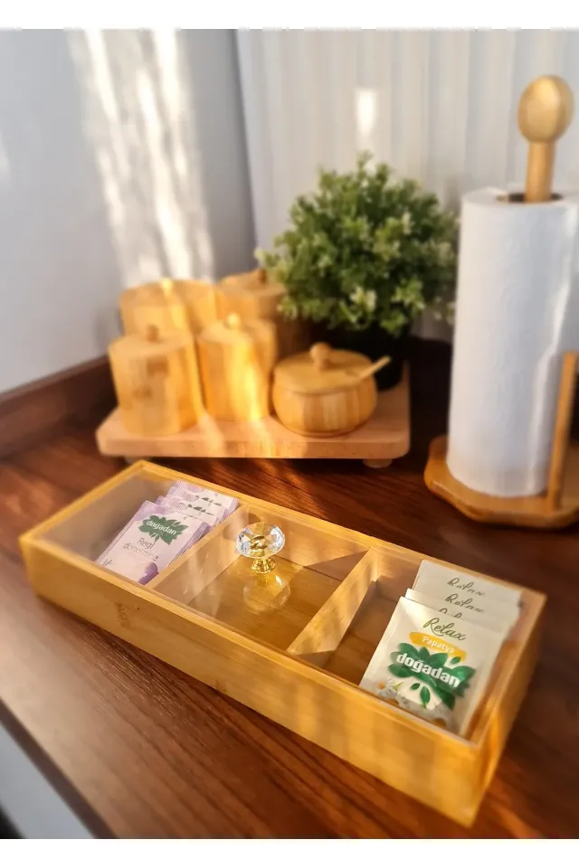 Mien Bambu 3 Bölmeli Kapaklı Dikdörtgen Makyaj&Takı Organizeri