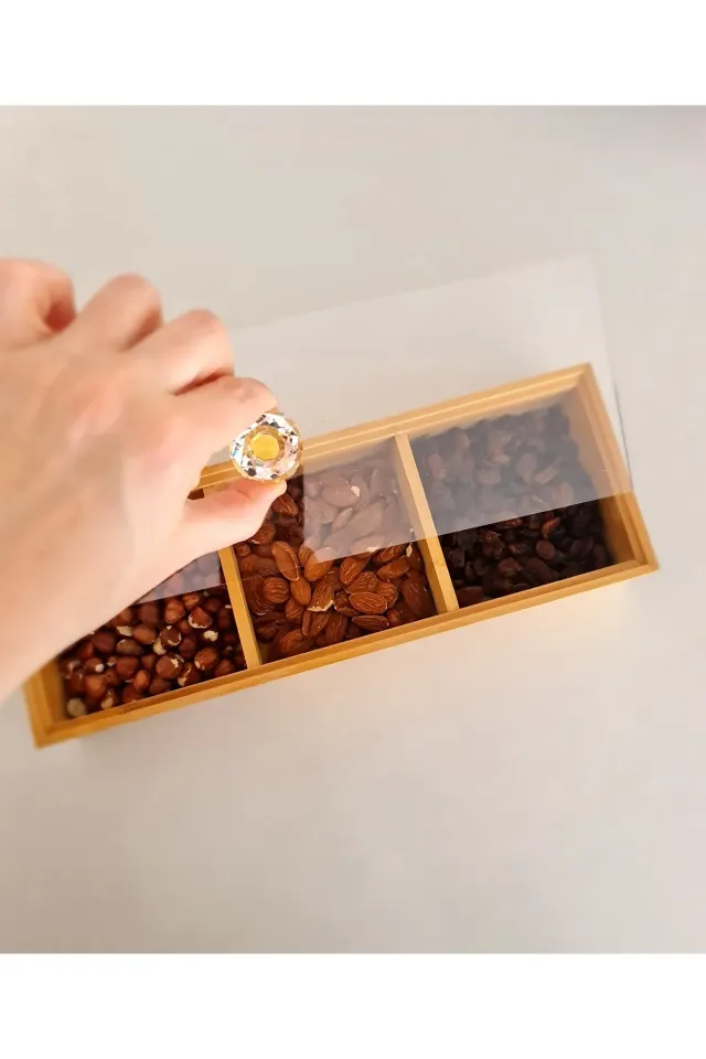 MİEN Bambu 3 Bölmeli Kapaklı Dikdörtgen Makyaj&Takı Organizeri