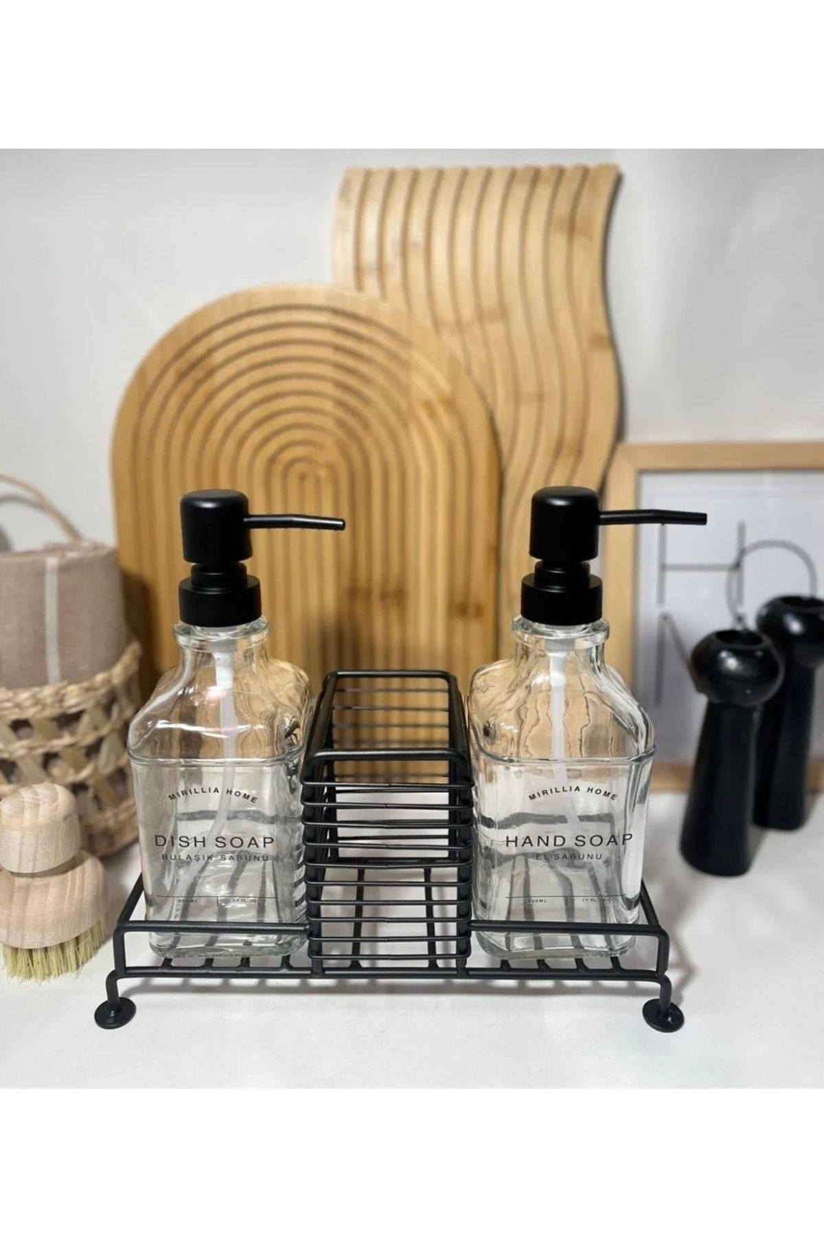 Mien 2'li Metal Standlı Cam Sıvı Sabunluk 500 ml Siyah Renk