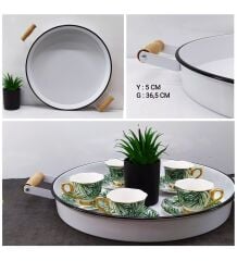 Ahşap Kulp Beyaz Yuvarlak Tepsi 36.5 Cm