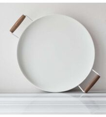 Ahşap Kulp Beyaz Yuvarlak Tepsi 36.5 Cm