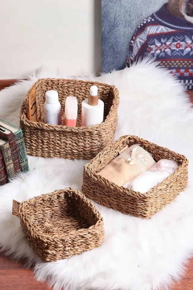 Casalinda Hasır 3lü Dekoratif Kare Sepet