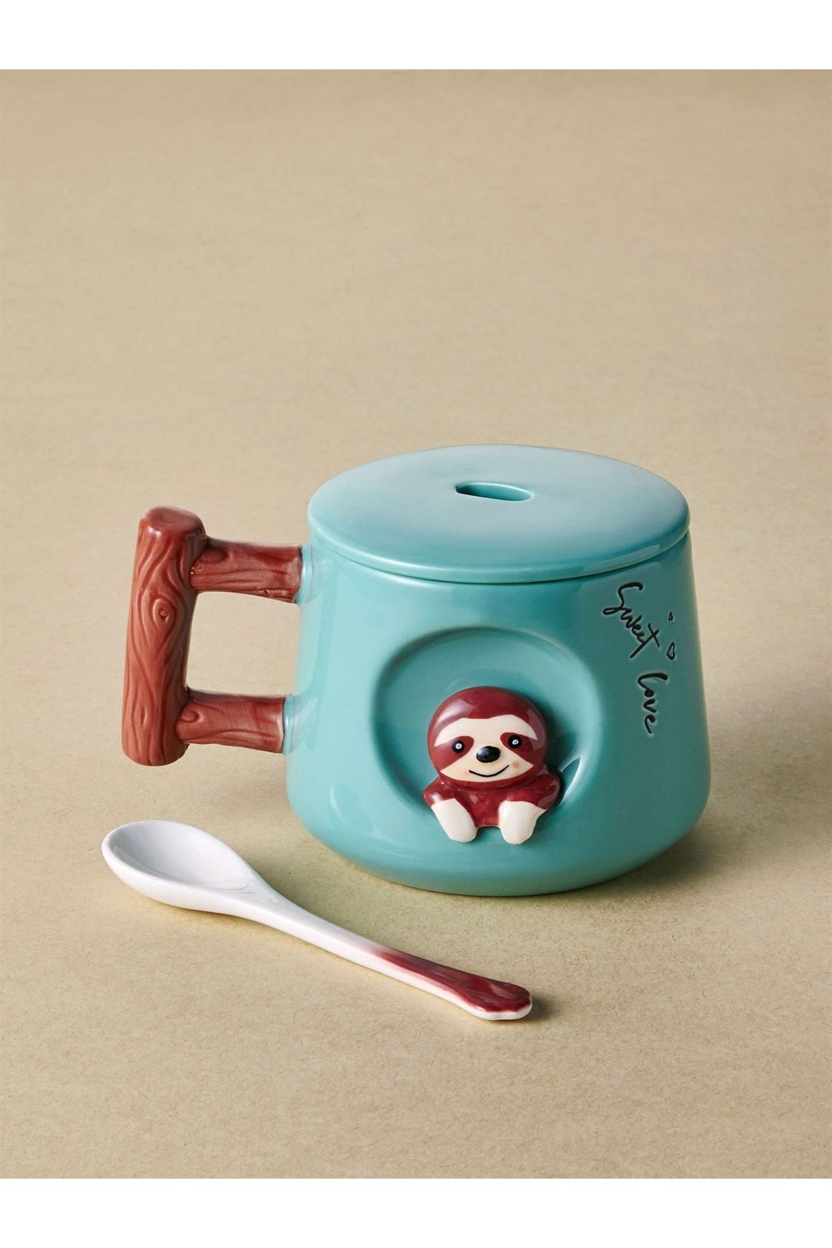 The Mia Hayvan Desenli Kapaklı ve Kaşıklı Seramik Kupa 370 ml