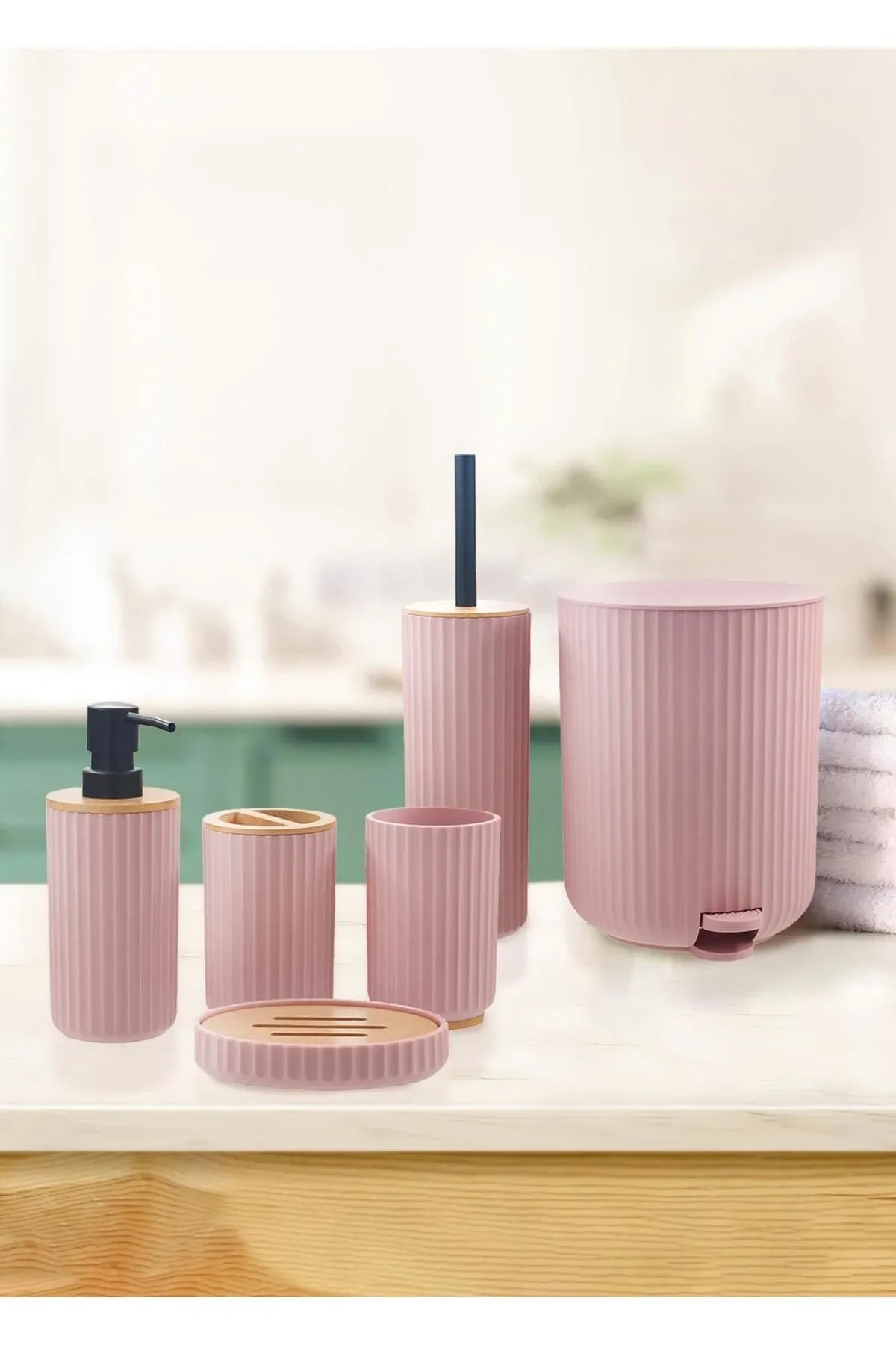 The Mia Stripe Banyo Seti Pembe 6 Parça PEMBE