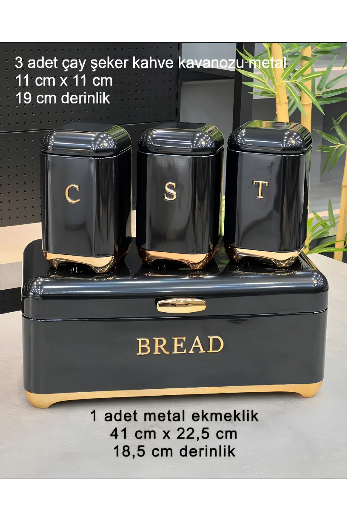 AROW Ester Metal Ekmeklik ve 3'lü Baharatlık Takımı Renk Gold Detay SİYAH