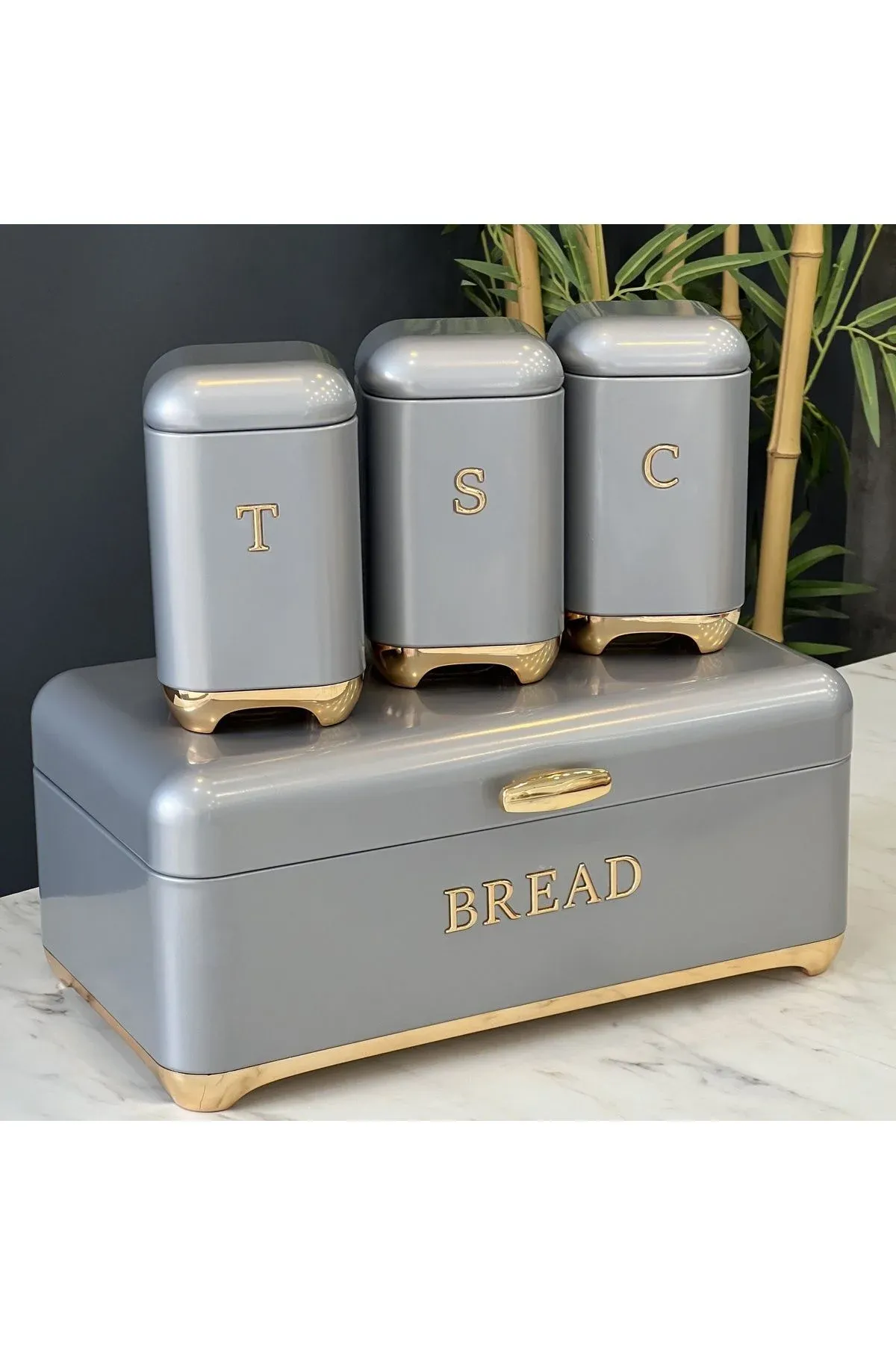 AROW Ester Metal Ekmeklik ve 3'lü Baharatlık Takımı Renk Gold Detay GRİ