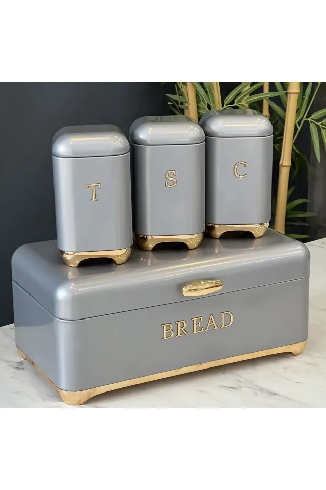 AROW Ester Metal Ekmeklik ve 3'lü Baharatlık Takımı Renk Gold Detay GRİ