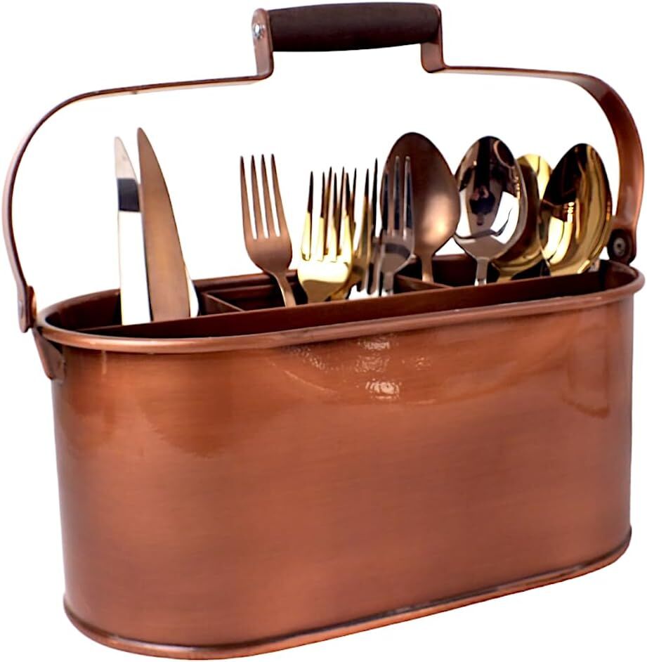 Balsa Tezgah Üstü 4 Bölmeli Metal  Dekoratif Düzenleyici Kaşıklık 28 Cm BAKIR KAPLAMA