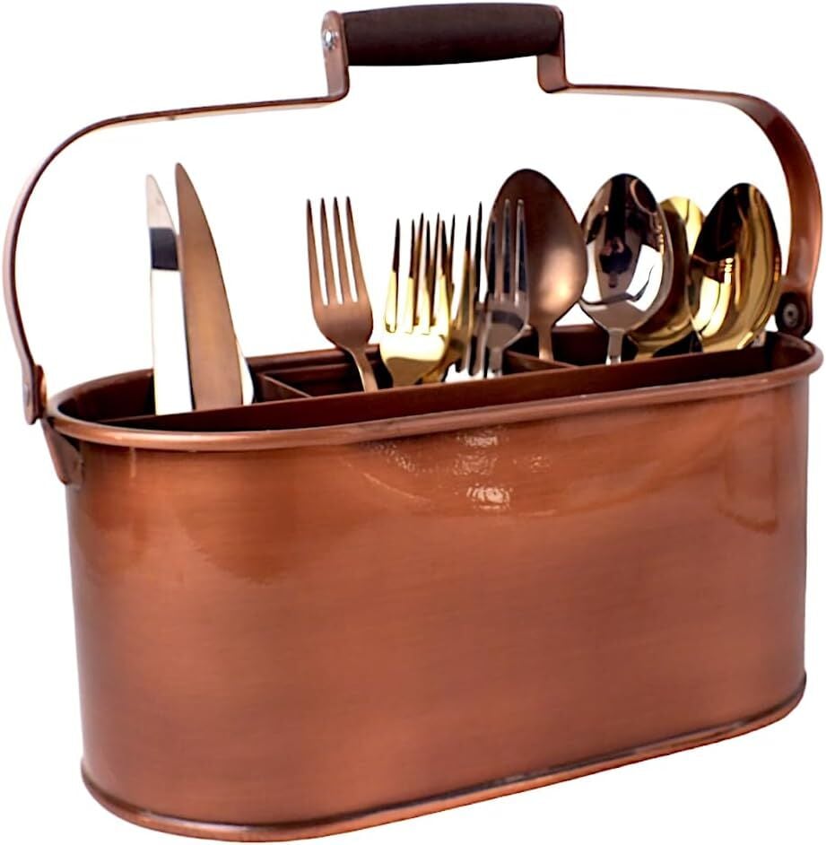 Balsa Tezgah Üstü 4 Bölmeli Metal  Dekoratif Düzenleyici Kaşıklık 28 Cm BAKIR KAPLAMA