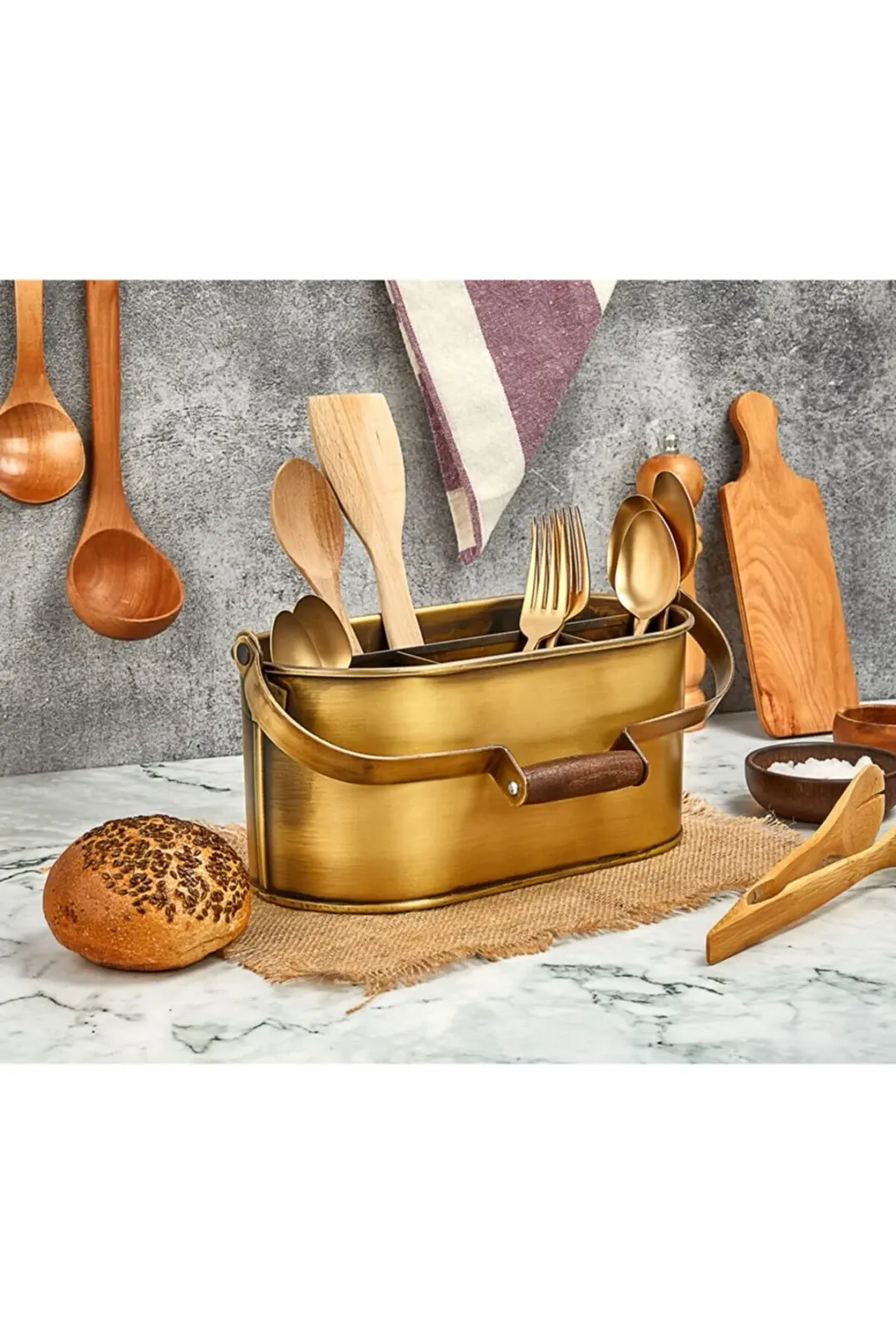 Balsa Tezgah Üstü 4 Bölmeli Metal  Dekoratif Düzenleyici Kaşıklık 28 Cm GOLD KAPLAMA